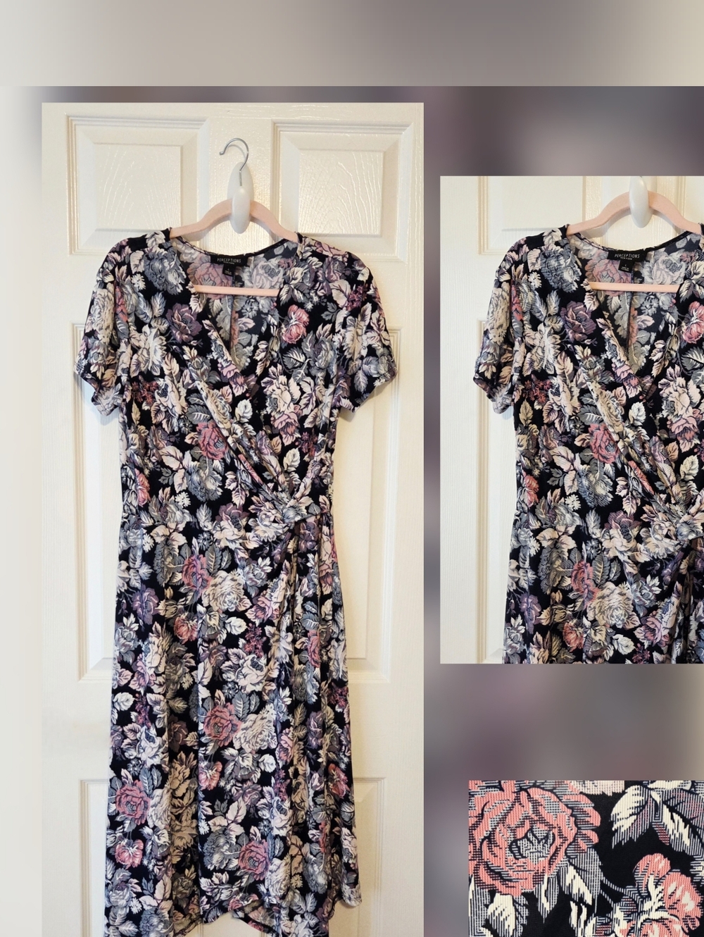 Floral Midi Wrap Dress in Blue and Pink